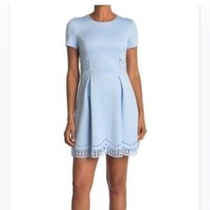 Vince Camuto Laser Cut Fit & Flare Light Blue Mini with Pockets Dress size 10